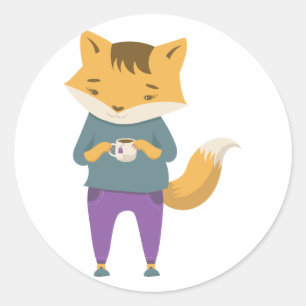 Cute fox with cup of tea classic round sticker