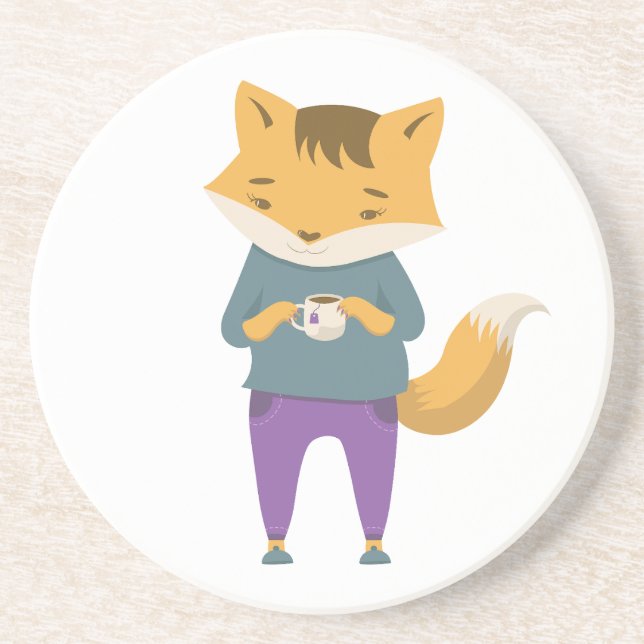 Cute fox with cup of tea coaster (Front)