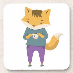 Cute fox with cup of tea coaster