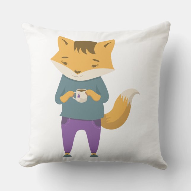Cute fox with cup of tea cushion (Front)