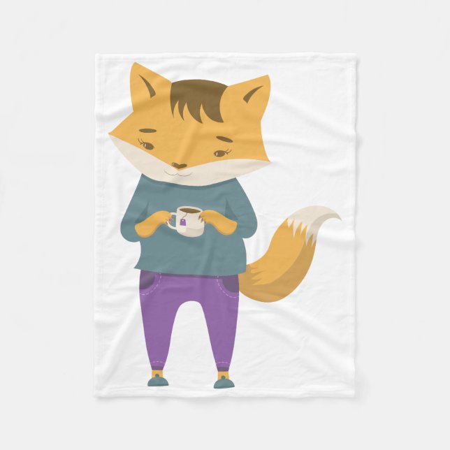 Cute fox with cup of tea fleece blanket (Front)