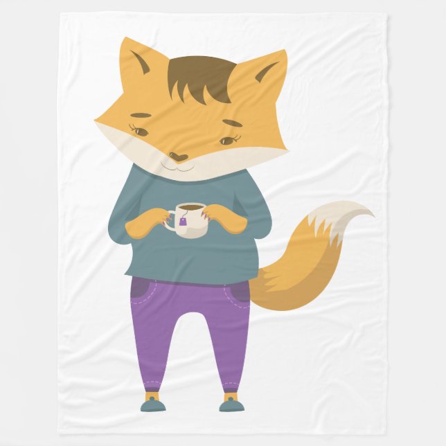 Cute fox with cup of tea fleece blanket (Front)