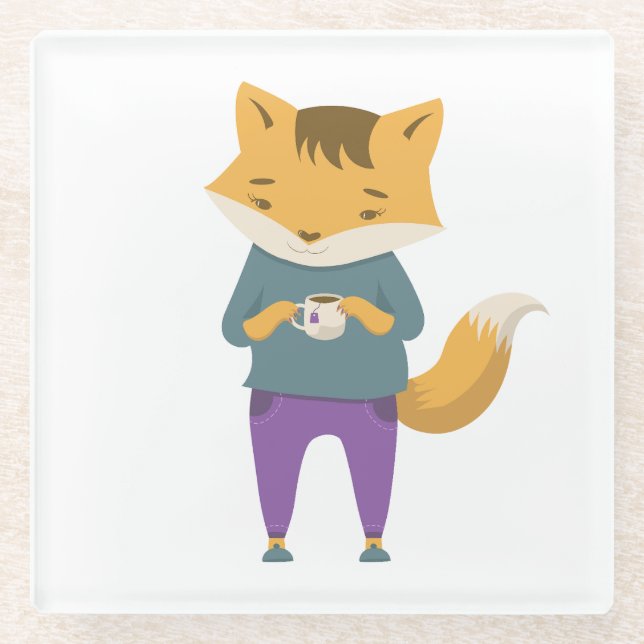 Cute fox with cup of tea glass coaster (Front)