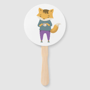 Cute fox with cup of tea hand fan