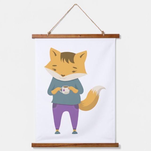 Cute fox with cup of tea hanging tapestry (Front)