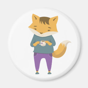 Cute fox with cup of tea magnet