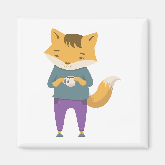 Cute fox with cup of tea magnet (Front)