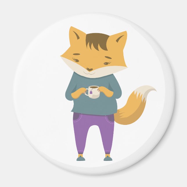 Cute fox with cup of tea magnet (Front)