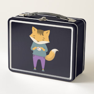 Cute fox with cup of tea metal lunch box