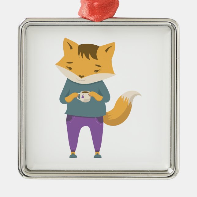 Cute fox with cup of tea metal ornament (Front)