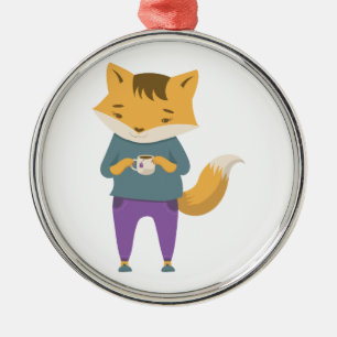 Cute fox with cup of tea metal ornament