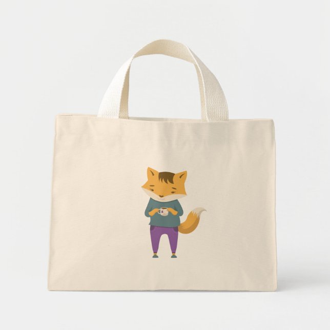 Cute fox with cup of tea mini tote bag (Front)