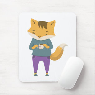 Cute fox with cup of tea mouse pad