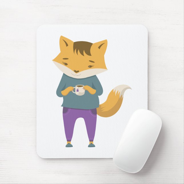 Cute fox with cup of tea mouse pad (With Mouse)