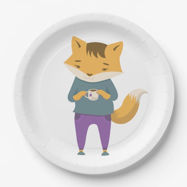 Cute fox with cup of tea paper plate (Front)