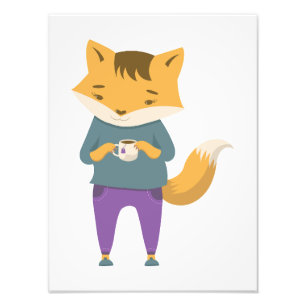 Cute fox with cup of tea photo print