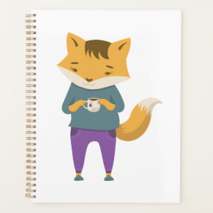 Cute fox with cup of tea planner