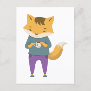 Cute fox with cup of tea postcard