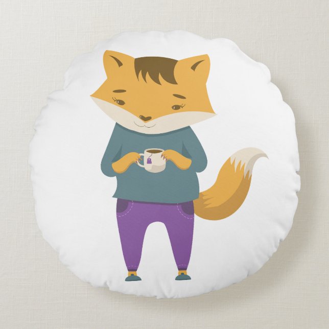 Cute fox with cup of tea round cushion (Front)