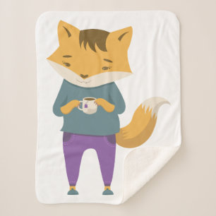 Cute fox with cup of tea sherpa blanket