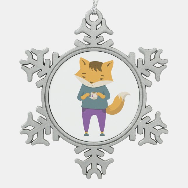 Cute fox with cup of tea snowflake pewter christmas ornament (Front)