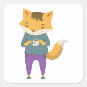 Cute fox with cup of tea square sticker