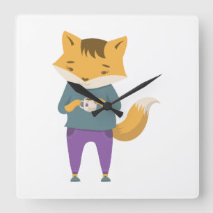 Cute fox with cup of tea square wall clock