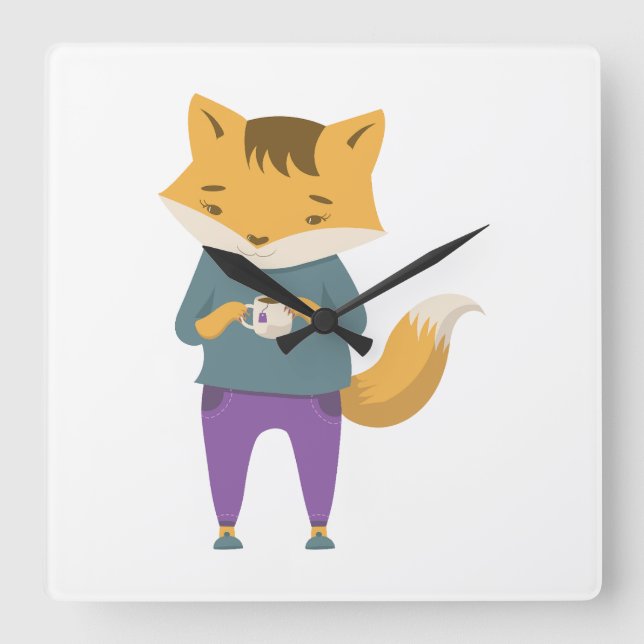Cute fox with cup of tea square wall clock (Front)