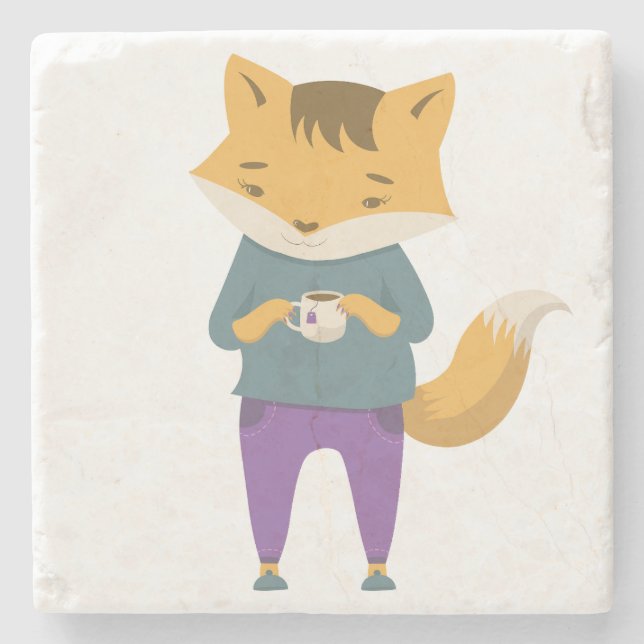 Cute fox with cup of tea stone coaster (Front)