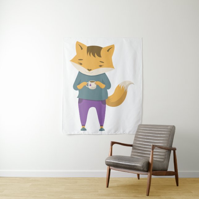 Cute fox with cup of tea tapestry (In Situ)