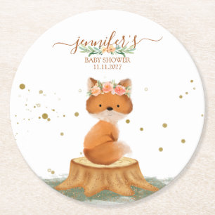 Cute Fox with Flower Crown Baby Shower Round Paper Coaster