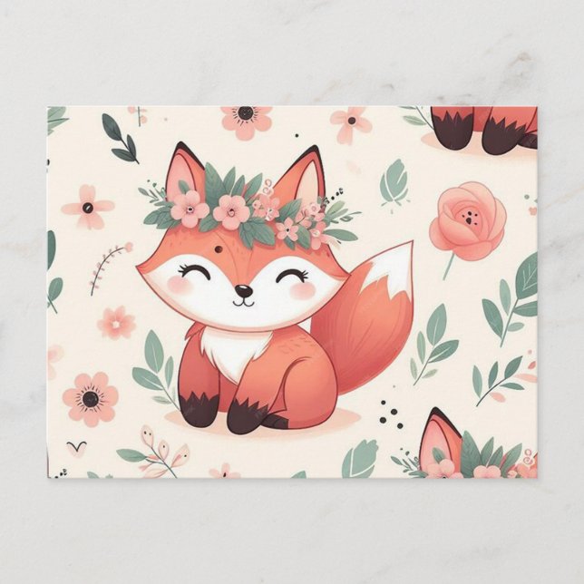 Cute fox with flower seamless pattern holiday postcard (Front)