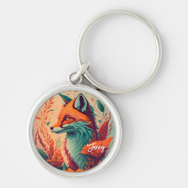 Cute Fox with flowers - Jenny Key Ring (Front)