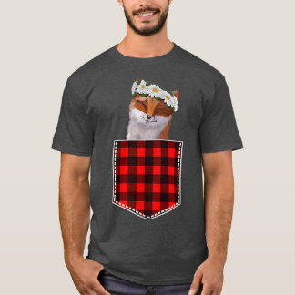 Cute Fox With Sunflowers Peeking Out Of Pocket  T-Shirt