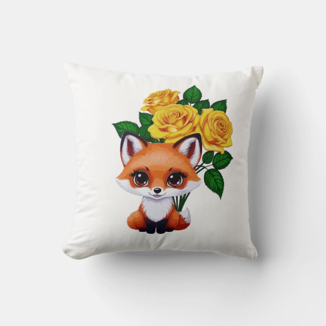 Cute Fox with Yellow Roses Cushion (Front)