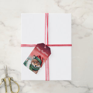 Cute fox wolf Santa Christmas party Snow kids Gift Tags
