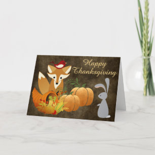 Cute Fox Woodland Animals Golden Thanksgiving Holiday Card