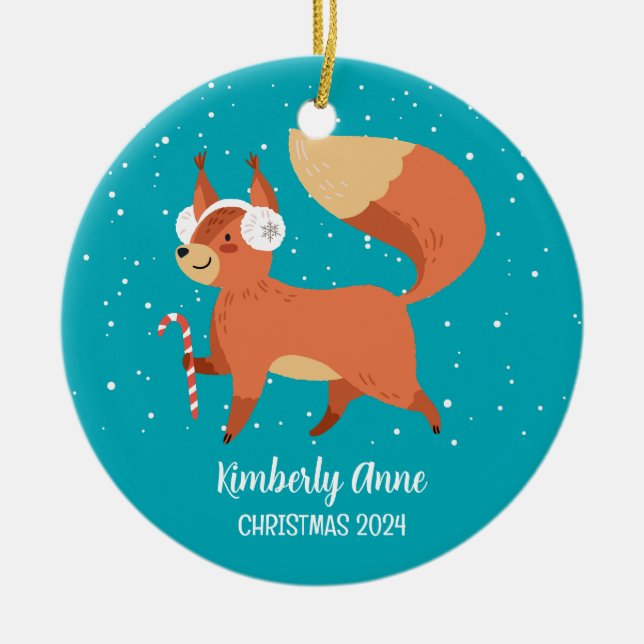 Cute Fox Woodland Christmas Snowy Winter Holiday Ceramic Ornament (Front)