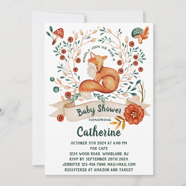 Cute fox woodland floral baby shower Invitation (Front)