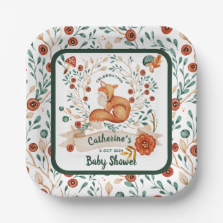 Cute fox woodland floral baby shower paper plate