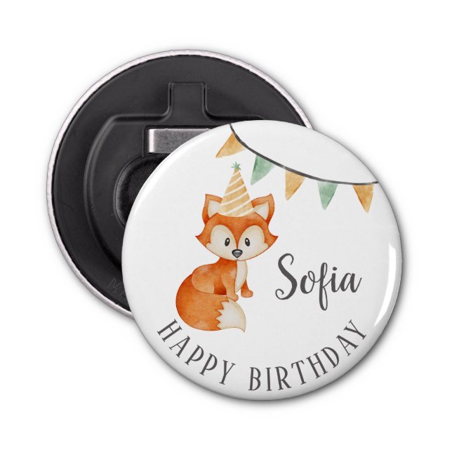 Cute Fox Woodland Party Hat Happy Birthday Bottle Opener (Front)