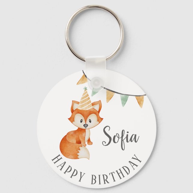 Cute Fox Woodland Party Hat Happy Birthday Key Ring (Front)