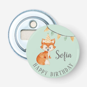 Cute Fox Woodland Party Hat Happy Birthday Mint Bottle Opener