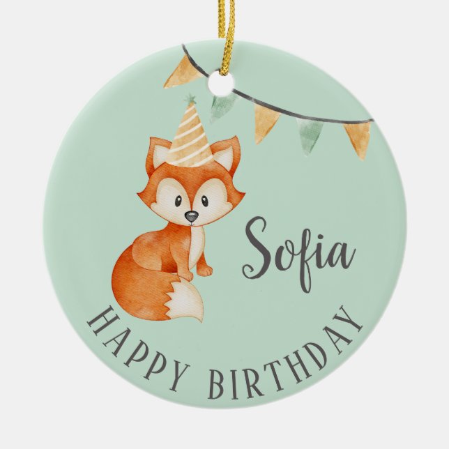Cute Fox Woodland Party Hat Happy Birthday Mint Ceramic Ornament (Front)