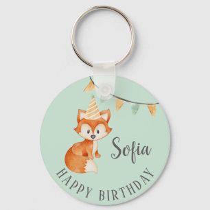 Cute Fox Woodland Party Hat Happy Birthday Mint Key Ring
