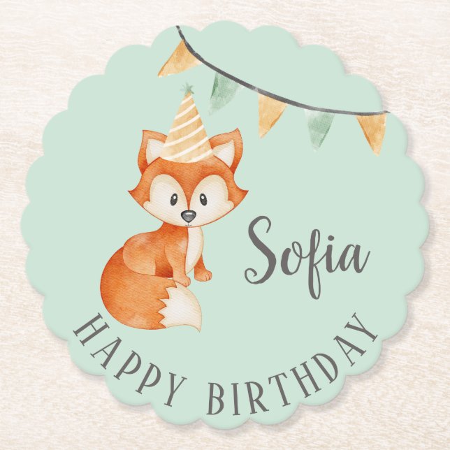 Cute Fox Woodland Party Hat Happy Birthday Mint Paper Coaster (Front)