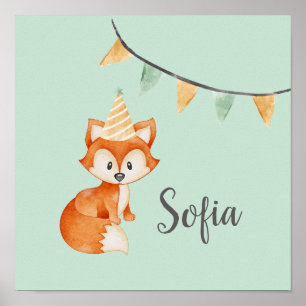 Cute Fox Woodland Party Hat Happy Birthday Mint Poster
