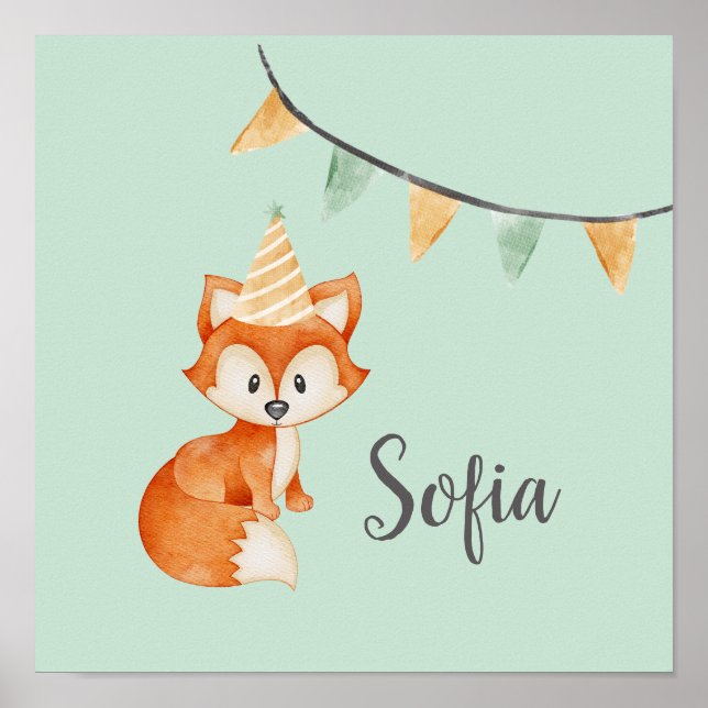 Cute Fox Woodland Party Hat Happy Birthday Mint Poster (Front)