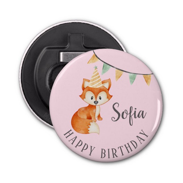 Cute Fox Woodland Party Hat Happy Birthday Pink Bottle Opener (Front)