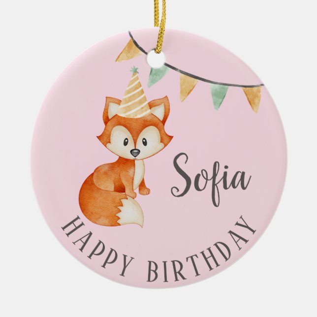 Cute Fox Woodland Party Hat Happy Birthday Pink Ceramic Ornament (Front)